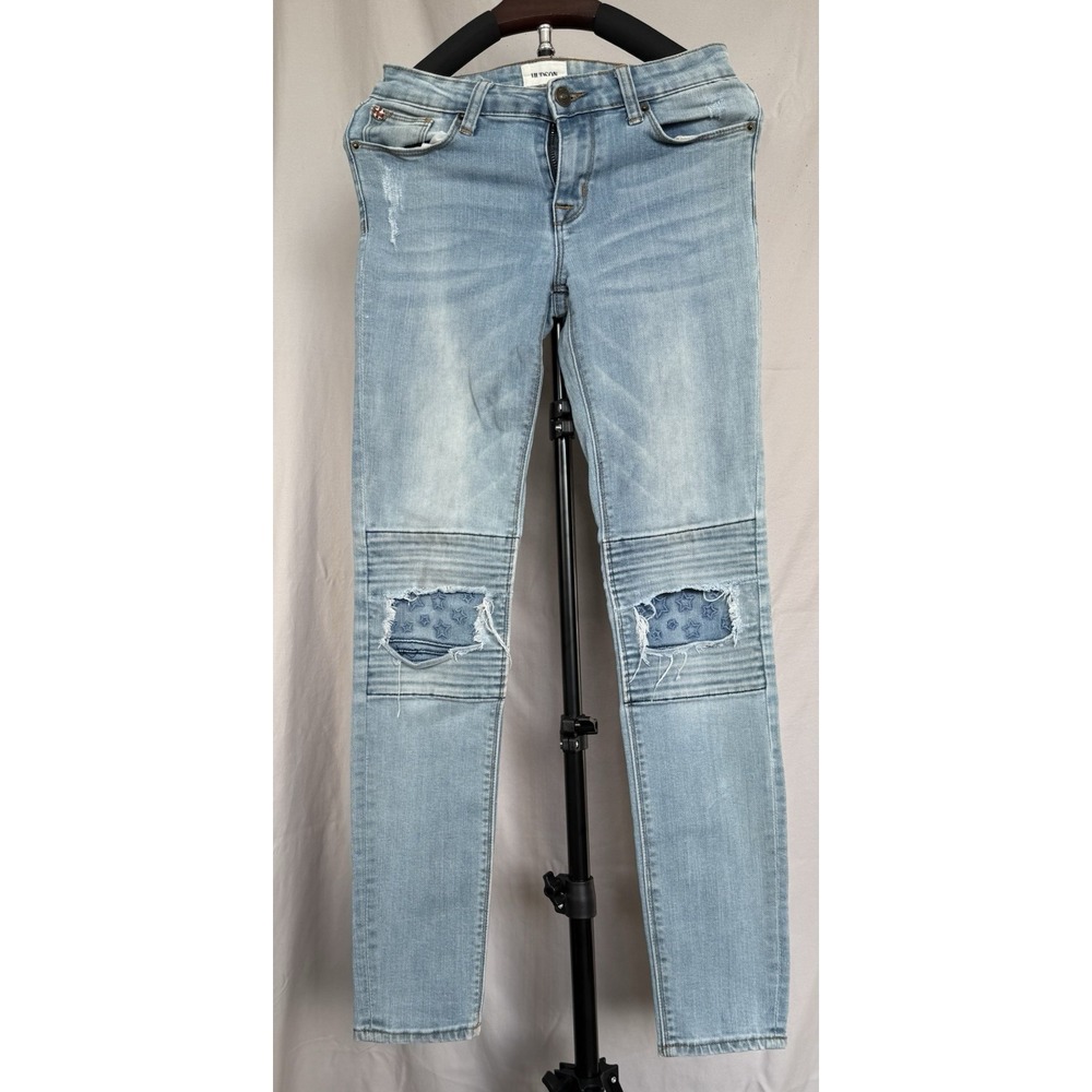 Hudson Girls Stark Moto Skinny Jeans Size 14 Distressed Star Patch Light Wash